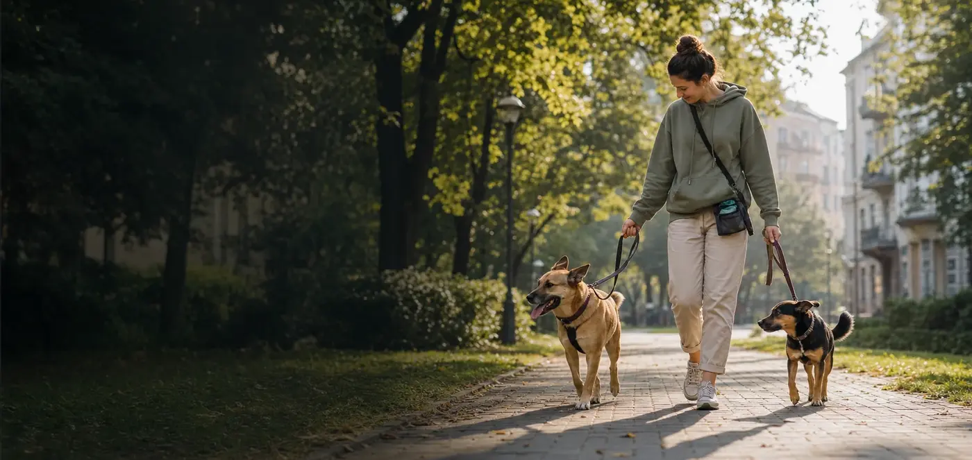 A sitter walking two dogs along a city avenue